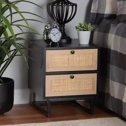 Kirklands Home Wood and Rattan 2-Drawer Nightstand Black