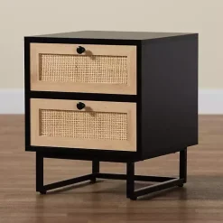 Kirklands Home Wood and Rattan 2-Drawer Nightstand Black