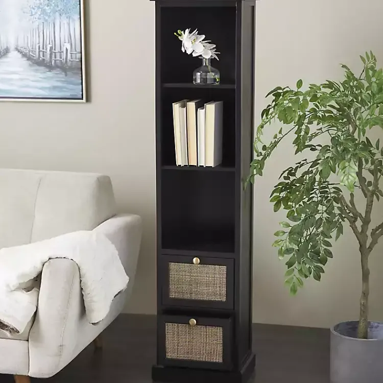 Kirklands Home Wood and Rattan 3-Tier Bookcase Black