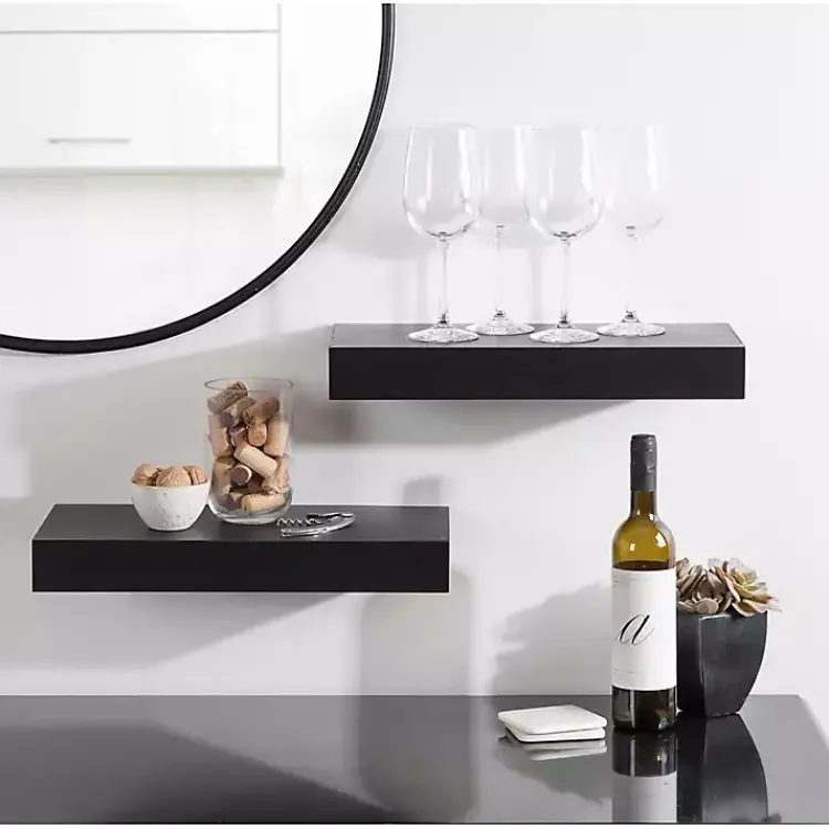 Kirklands Home Black Wood 2-pc. Floating Shelves, 18 in. New