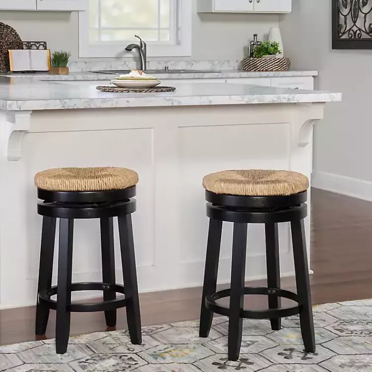 Kirklands Home Black Wood Seagrass Seat Swivel Counter Stool Tan Outlet