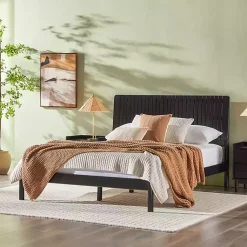 Kirklands Home Wood Slatted Mid-Century Modern Queen Bed Black Best