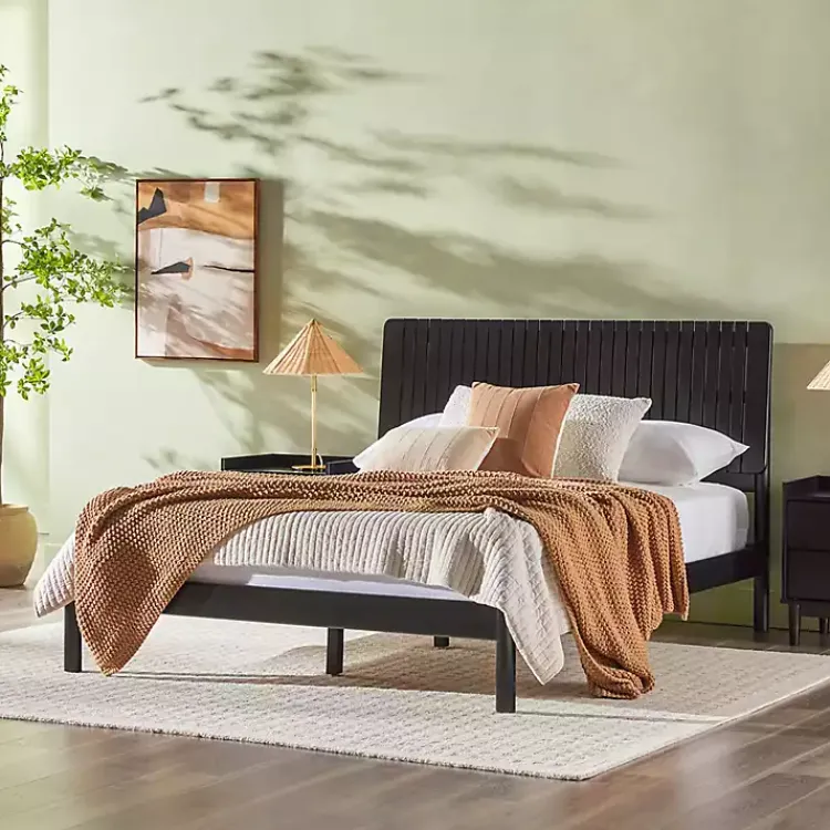 Kirklands Home Wood Slatted Mid-Century Modern Queen Bed Black Best