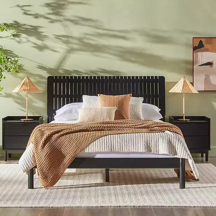 Kirklands Home Wood Slatted Mid-Century Modern Queen Bed Black Best