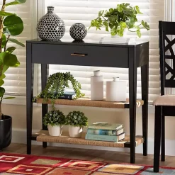 Kirklands Home Wood Woven Shelves Console Table Black Hot