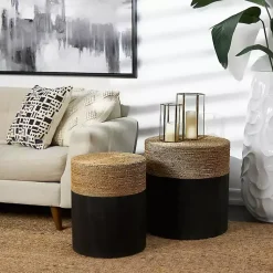 Kirklands Home Black Wood Wrapped Rope Accent Tables, Set of 2 Brown Discount