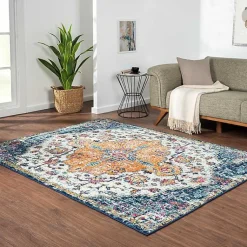 Kirklands Home Blue & Orange Boho Medallion Area Rug, 5x7 Hot