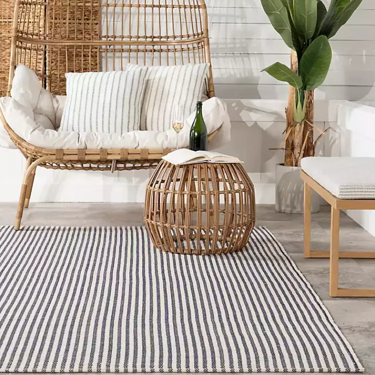 Kirklands Home Blue & White Pinstripe Indoor/Outdoor Rug, 5x8 New