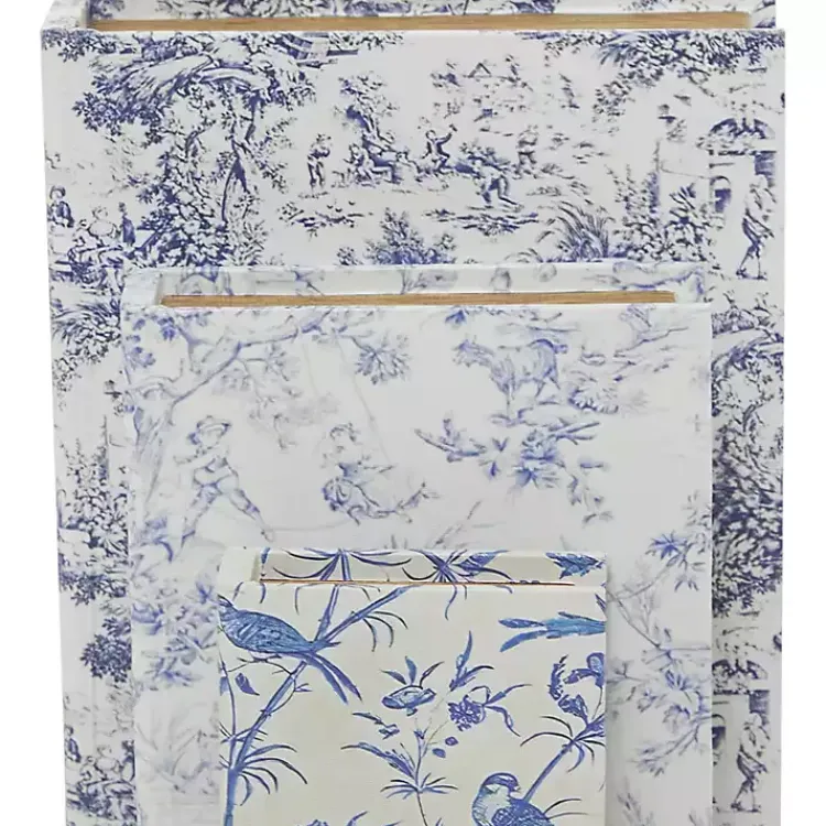 Baskets & Boxes>Kirklands Home Blue & White Toile Canvas Book Boxes, Set of 3