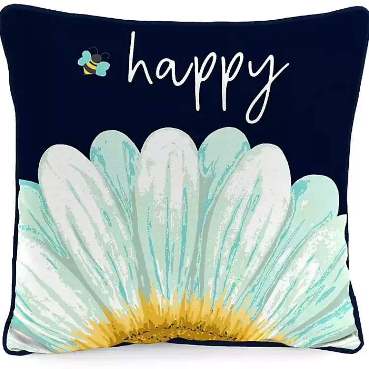 Kirklands Home Blue & Yellow Bee Happy Outdoor Pillow