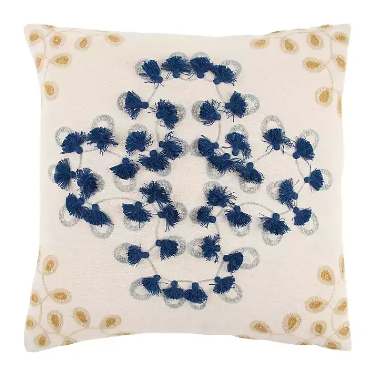 Pillows>Kirklands Home Blue and Gold Floral Fringe Pillow