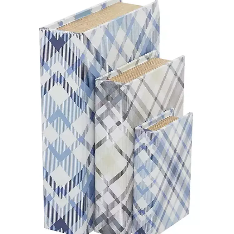 Baskets & Boxes>Kirklands Home Blue and Gray Plaid Book Boxes, Set of 3