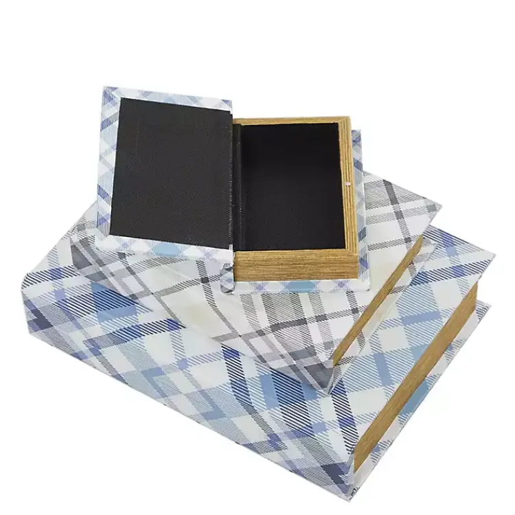 Baskets & Boxes>Kirklands Home Blue and Gray Plaid Book Boxes, Set of 3