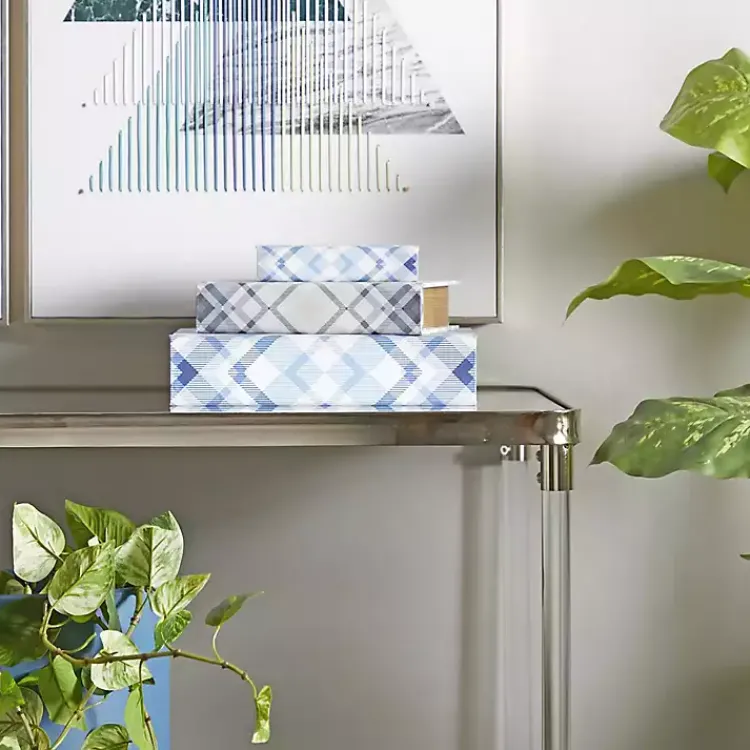 Baskets & Boxes>Kirklands Home Blue and Gray Plaid Book Boxes, Set of 3