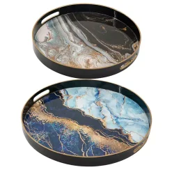 Decorative Trays>Kirklands Home Blue and Gray Round Abstract Trays, Set of 2