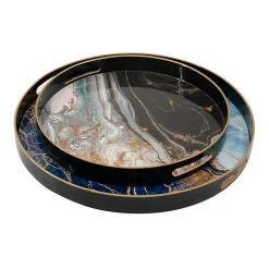 Decorative Trays>Kirklands Home Blue and Gray Round Abstract Trays, Set of 2