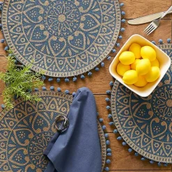 Kirklands Home Blue and Natural Print Round Placemats, Set of 6 Outlet