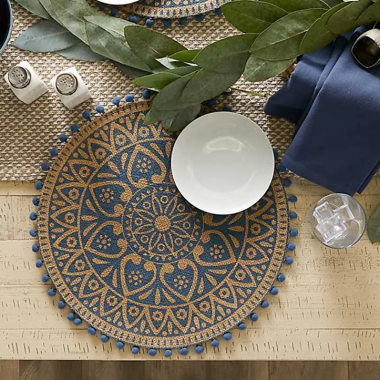 Kirklands Home Blue and Natural Print Round Placemats, Set of 6 Outlet
