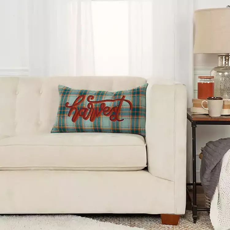Fall>Kirklands Home Blue and Orange Plaid Harvest Lumbar Pillow