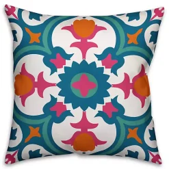 Kirklands Home Blue and Pink Floral Tile Outdoor Pillow Multi Hot