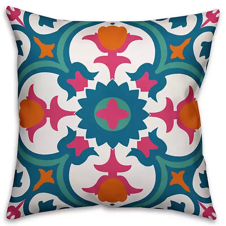 Kirklands Home Blue and Pink Floral Tile Outdoor Pillow Multi Hot