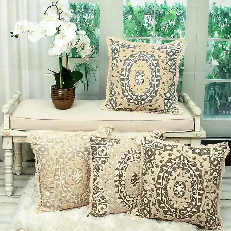 Pillows>Kirklands Home Blue and Tan Medallion Fringe Pillow