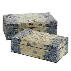 Baskets & Boxes>Kirklands Home Blue and Tan Wood Capiz Shell 2-pc. Box Set