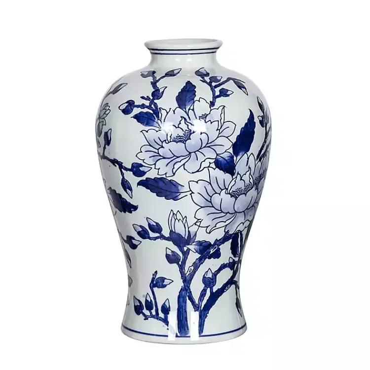 Vases>Kirklands Home Blue and White Floral Curved Porcelain Vase