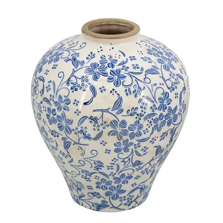 Vases>Kirklands Home Blue and White Floral Urn Ceramic Vase, 11 in.