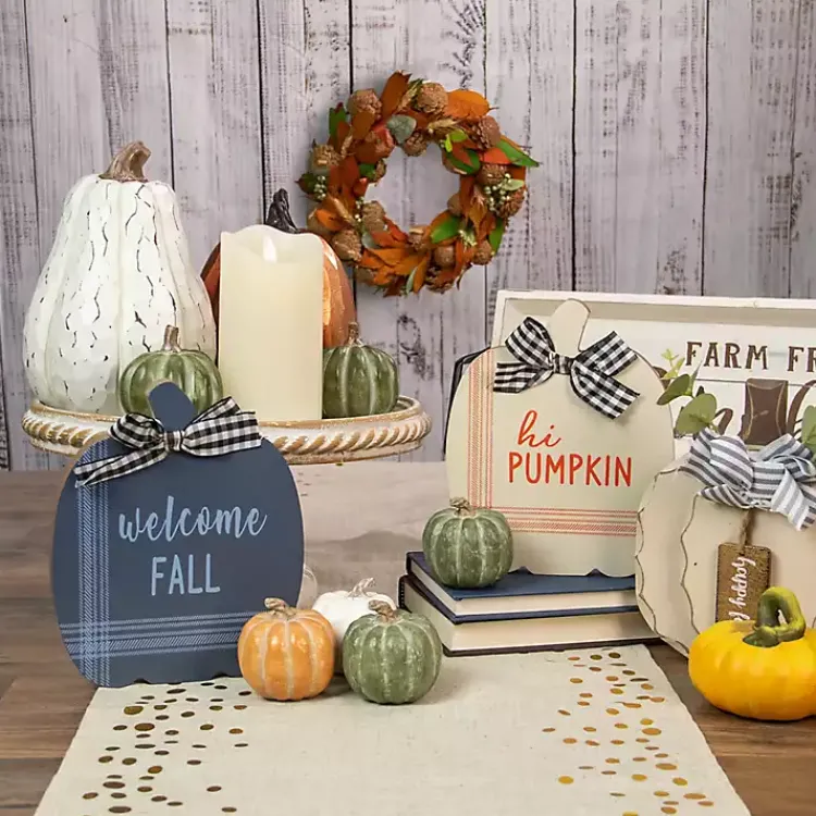 Fall>Kirklands Home Blue and White Pumpkin Tabletop Signs, Set of 2