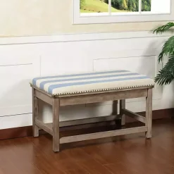 Kirklands Home Blue and White Striped Upholstered Wood Bench