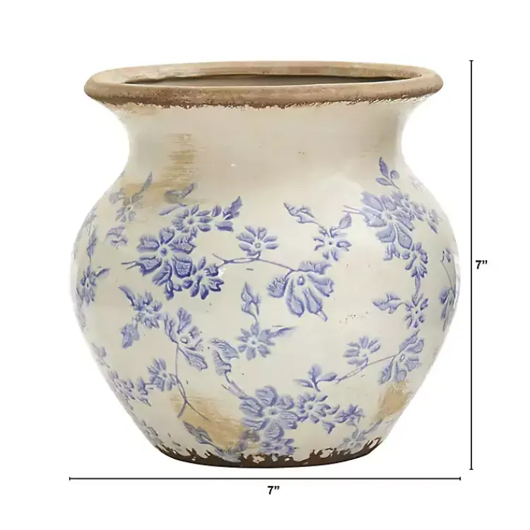 Vases>Kirklands Home Blue Bulous Floral Scroll Ceramic Vase, 7 in.