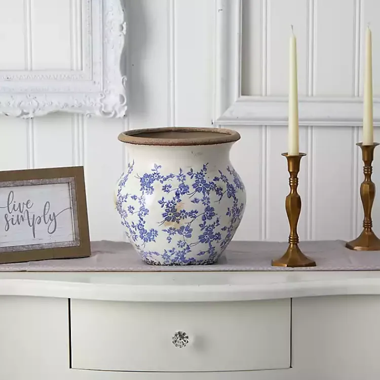Vases>Kirklands Home Blue Bulous Floral Scroll Ceramic Vase, 10 in.