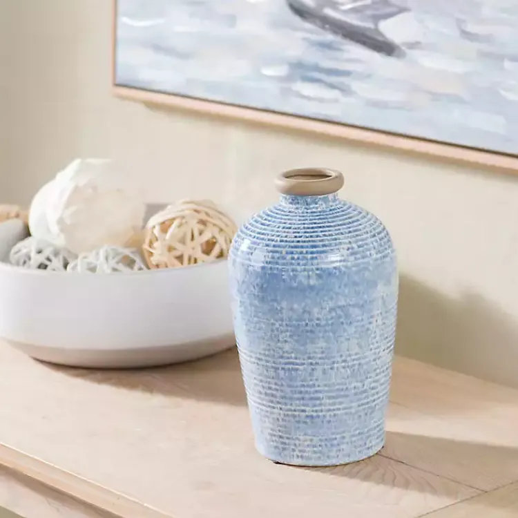 Vases>Kirklands Home Ceramic Textured Lines Vase, 9 in. Blue