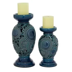 Candle Holders>Kirklands Home Ceramic Tiered Base Candle Holders, Set of 2 Blue