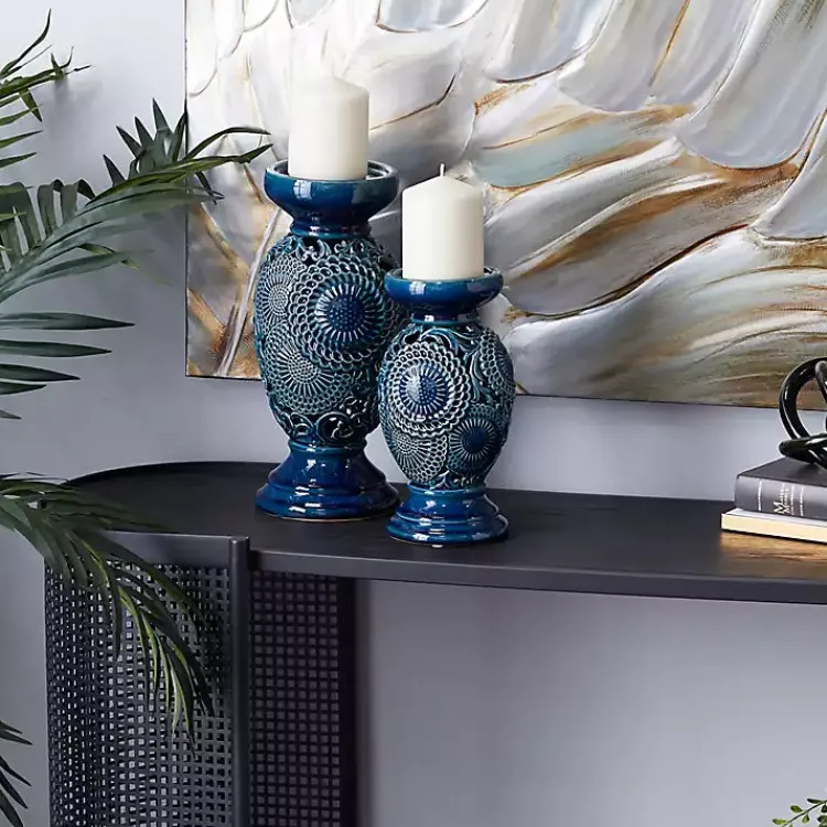 Candle Holders>Kirklands Home Ceramic Tiered Base Candle Holders, Set of 2 Blue