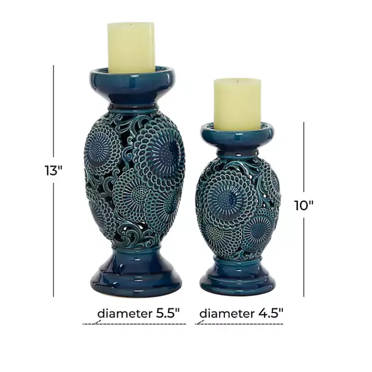Candle Holders>Kirklands Home Ceramic Tiered Base Candle Holders, Set of 2 Blue