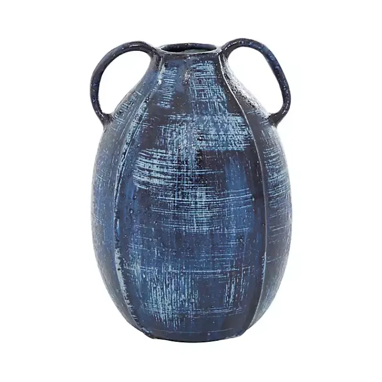 Vases>Kirklands Home Crosshatch Double Handle Ceramic Vase, 9 in. Blue