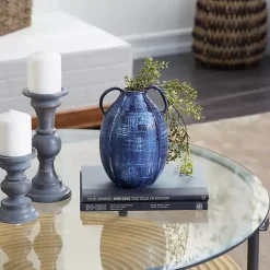 Vases>Kirklands Home Crosshatch Double Handle Ceramic Vase, 9 in. Blue