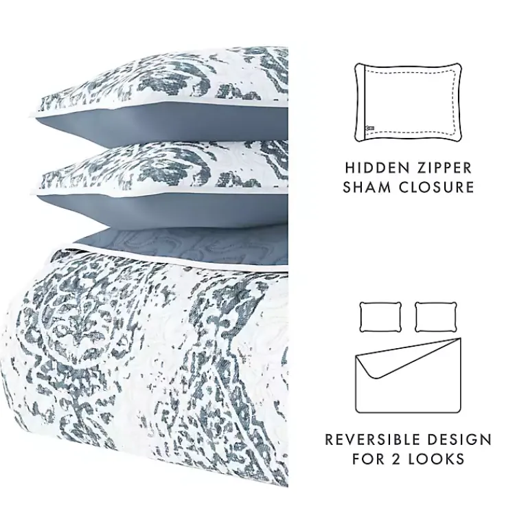 Kirklands Home Blue Damask Reversible 3-pc. King Quilt Set