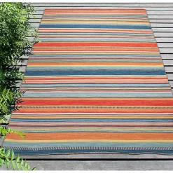 Kirklands Home Blue Dhurri Stripe Indoor/Outdoor Area Rug, 7x9 Clearance
