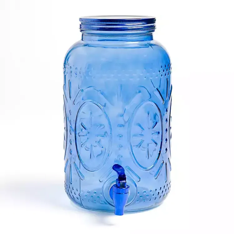 Kirklands Home Embossed Glass 1 Gallon Drink Dispenser Blue Hot