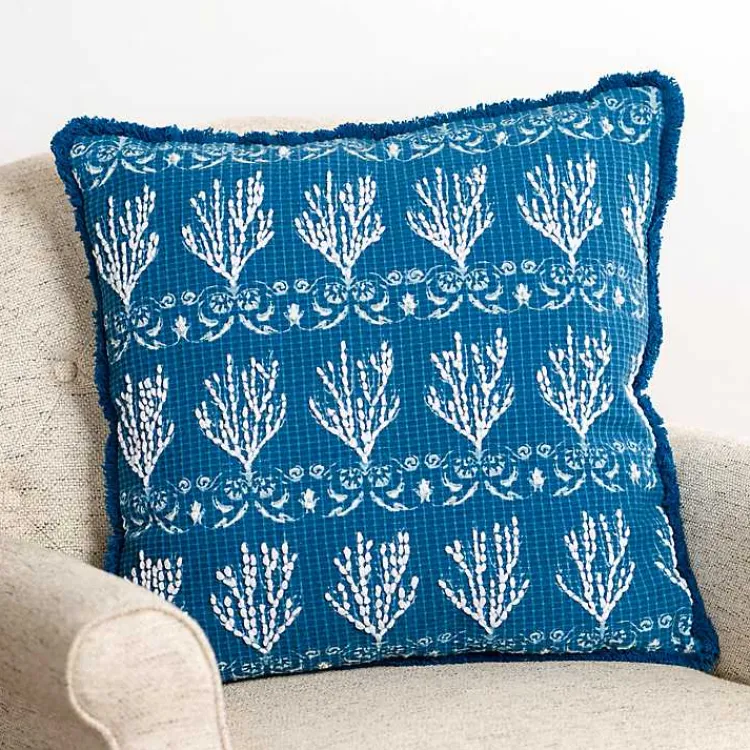 Pillows>Kirklands Home Embroidered Coral Pillow Blue