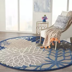 Kirklands Home Blue Floral Burst Round Outdoor Area Rug, 7x7 Outlet