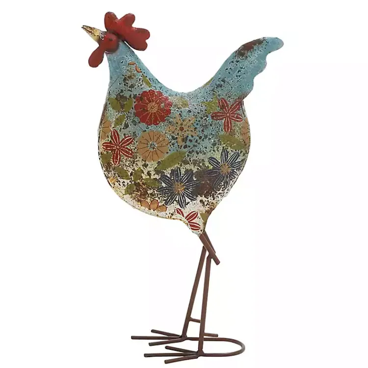 Kirklands Home Blue Floral Metal Rooster Statue New