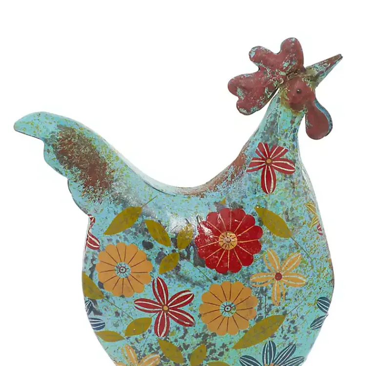 Kirklands Home Blue Floral Metal Rooster Statue New