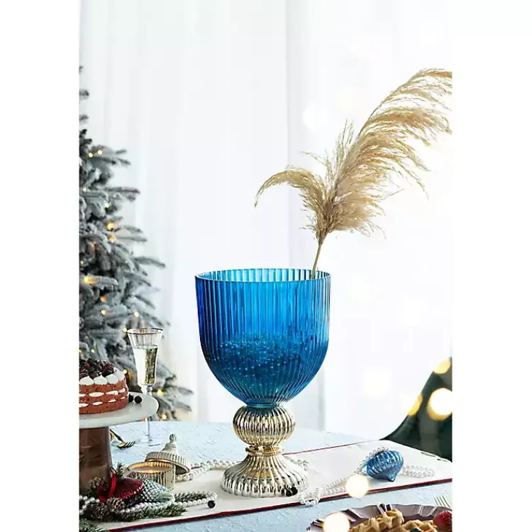 Vases>Kirklands Home Glass Vase with Silver Pedestal Base, 16 in. Blue
