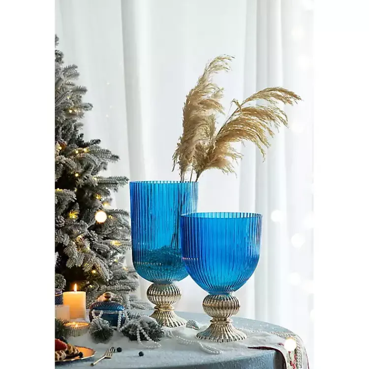Vases>Kirklands Home Glass Vase with Silver Pedestal Base, 16 in. Blue