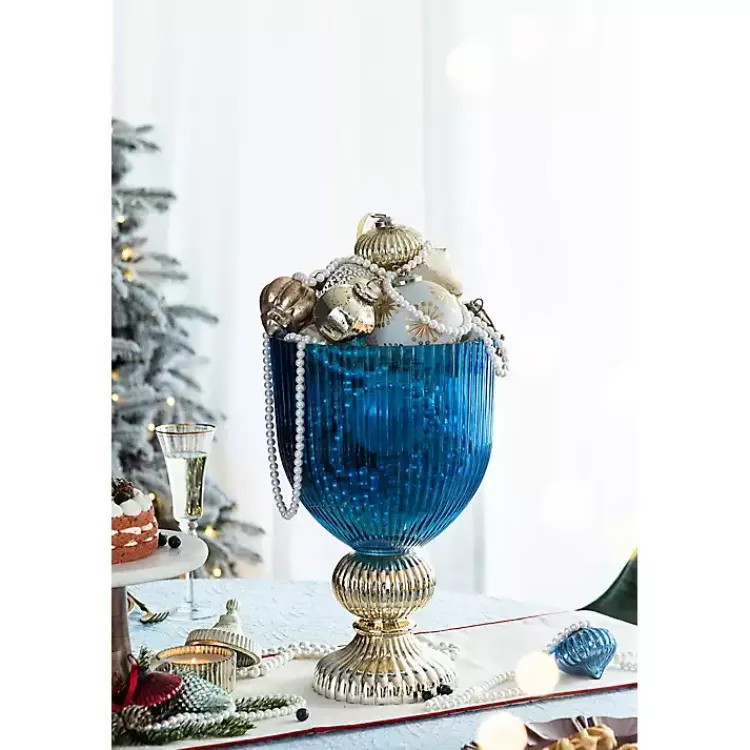 Vases>Kirklands Home Glass Vase with Silver Pedestal Base, 16 in. Blue