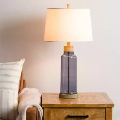 Kirklands Home Blue Glass with Wood Trim Table Lamp Ivory Online